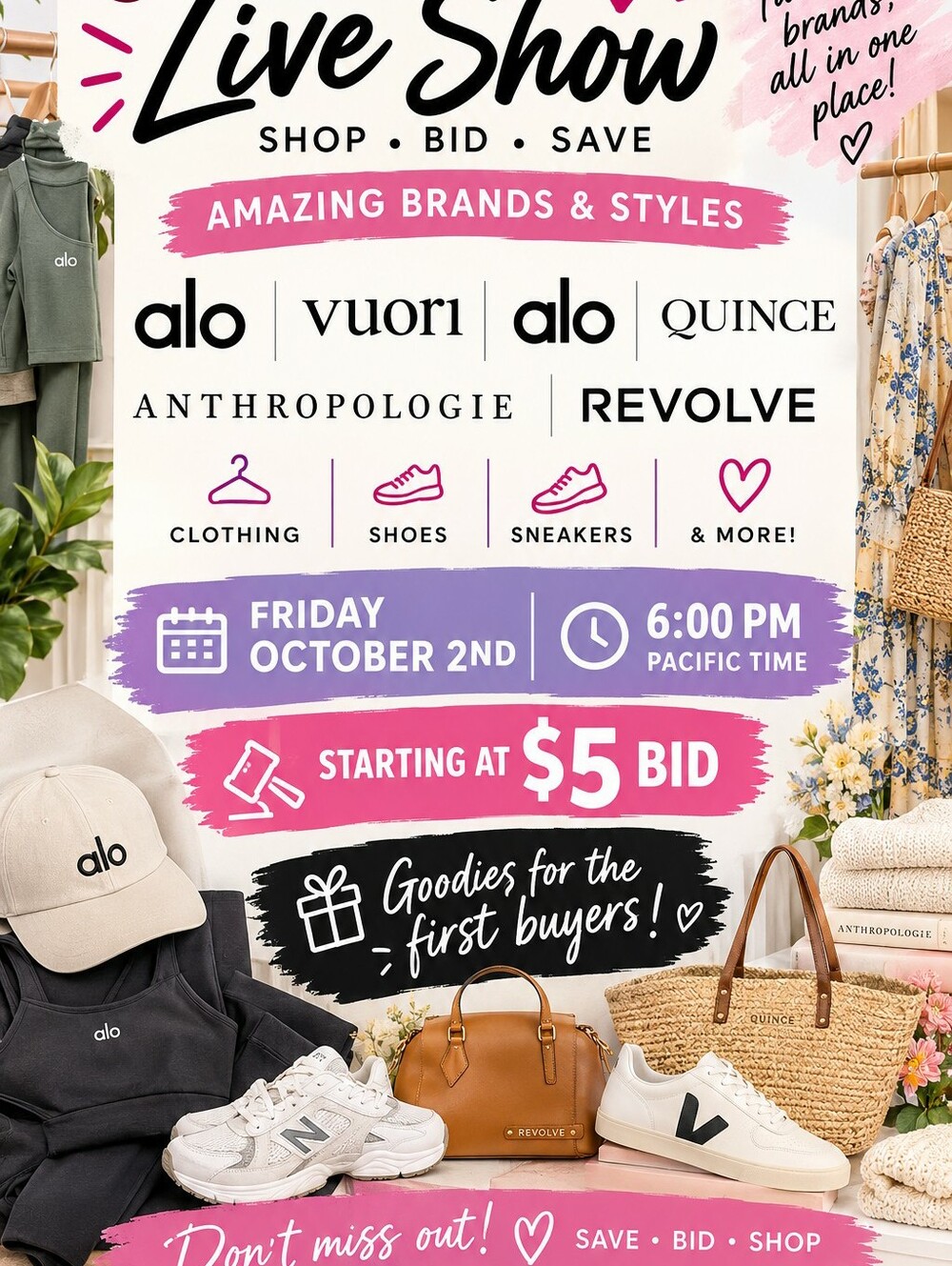 Posh Live, Free People, Quince, Antro,Vouri, Lululemon,Alo,  Sneakers, Shoes.